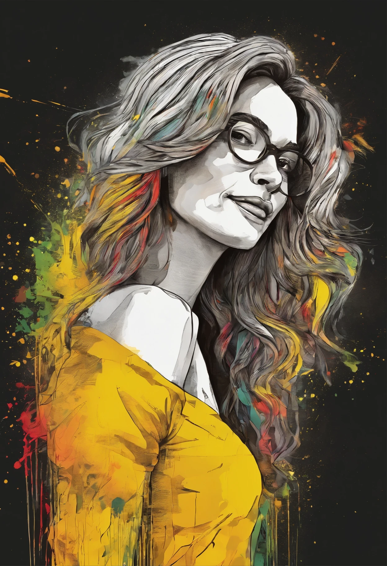 Front view of the scene; details in 8k; precision in details; Pablo Picasso style drawing. (((Wood Splash Style 1.4))); high color contrast; Abstract artistic design textured background Super detailed splash art modern European painting Ink; a light brunette woman with long, wavy hair wearing square glasses, a woman smiling with red lipstick, a thinner, slightly rounded face with slight dimples near her mouth; wearing a black coat with a yellow t-shirt underneath looking to the right, A stylized graphic portrait of ean-Michel Basquiat, background graphic from Futura 2000, with vibrant RGB color glow. no shadows, full design, green, red.yellow. black warm colors, sticker, bright colors, black background, t-shirt design, illustration, watercolor illustration, professional illustrator, best watercolor, watercolor ink and paints, alcohol ink, vibrant colors, perspective view, centered, lines of perspective. graffiti, doodling, Petra Cortright Comics, Best quality, art, Representative work, official art, professional, ultra intricate detailed,