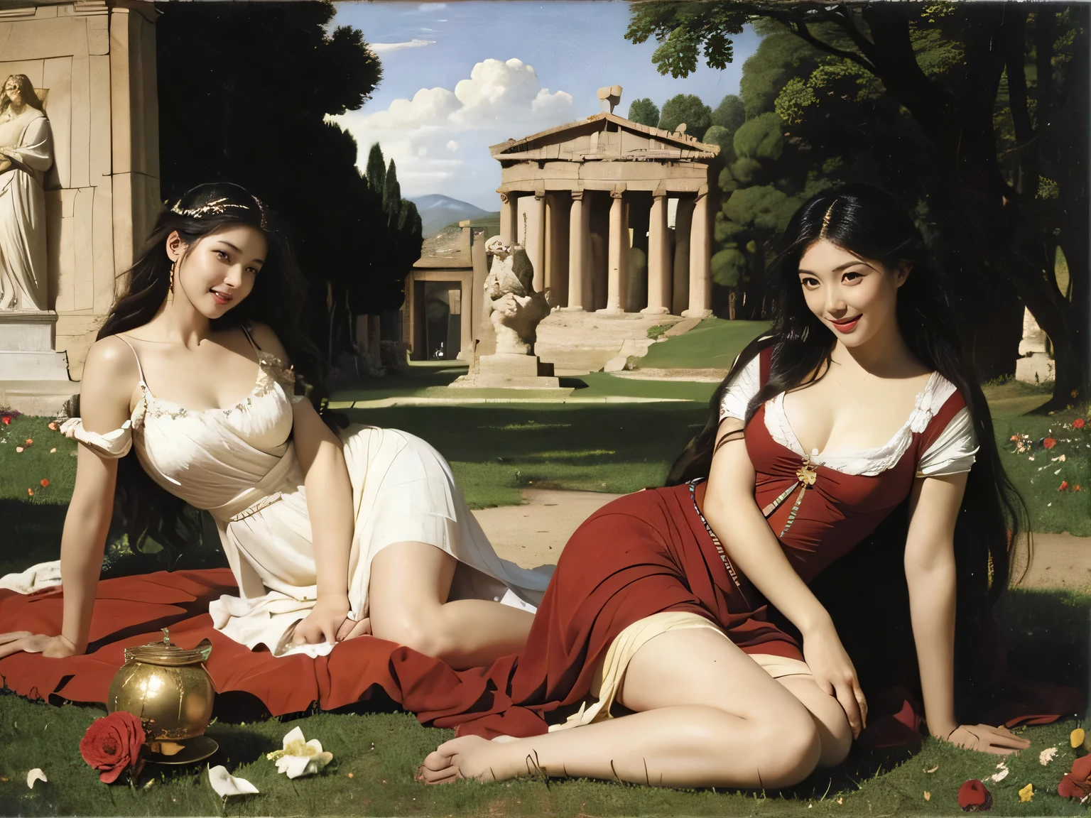 full body portrait or statue、Giorgione painting style,Arguments of two female Philosophe,math、astronomical machine、astronaut、roses in vase、fruits、Cute trinkets、smile、ancient greek costume、Ancient Roman landscape in the style of Nicolas Poussin,laughter,,Sweet and seductive appearance.、Caravaggio's paintings、Chiaroscuro of Caravaggio、hair tousled by the wind,Two women frolicking,cute smile, expression of ecstasy,Sexy,erotic