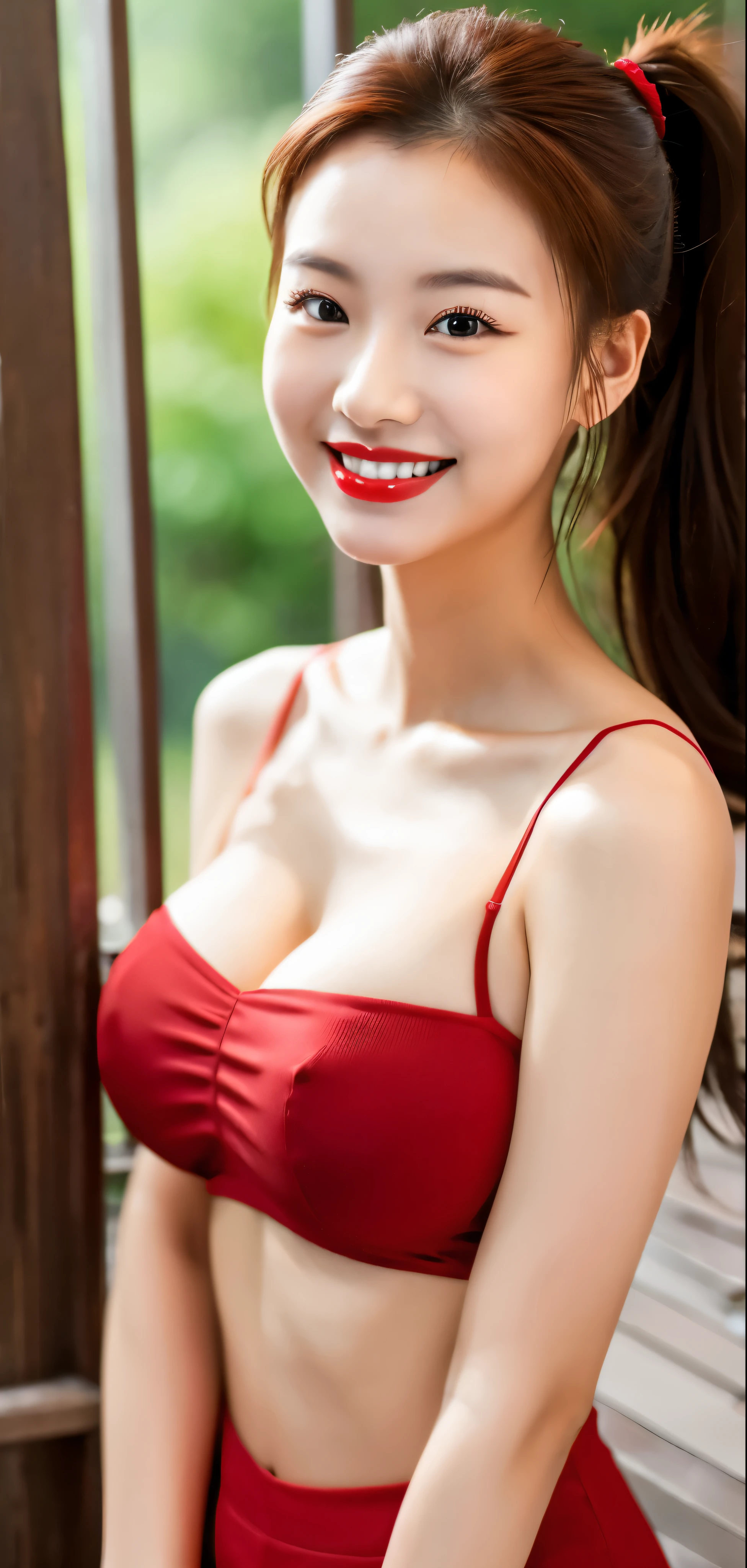 1girl,baiyi,large breasts,red lips,smile,ponytail,realistic