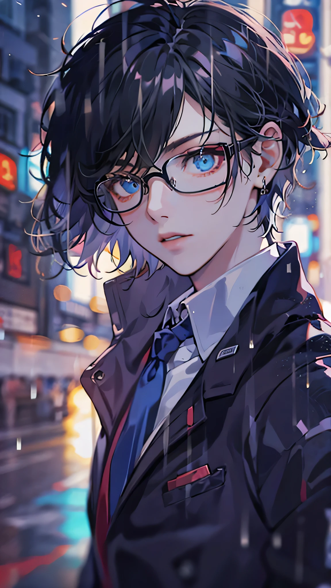 high quality,4k,Exquisite,a man(solo,short black hair,Wearing black-rimmed glasses,Blue eyes,cold expression,Japanese school uniform),background(rain,night,cyberpunk)