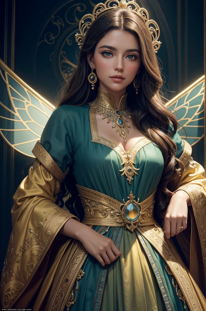 Gorgeous beautiful girl turning slightly on her side and looking at the camera. Colorful wildflowers can be seen on the part of her waist-length wavy light brown hair. Circle gold earring in her ear. Sweet looking light green eyes. Eyes and pupils should be symmetrical. Light on face. Full lips. closed mouth. Small upturned nose. Close-up portrait. Centered image. Perfect pose. Background orange, blue and gold filigree circular patterns. Dynamic pose. Organic. Energetic. Volumetric light. Hyperrealism. Fantastic. Fantasy. Admirable. Flawless beauty. Rare beauty. Mysterious. A dreamy fairy tale. Storybook illustration. A masterpiece of small details. Sharp focus. Ultra detailed. Perfect synchronization of soft colors and vivid colors. 60-30-10 rule. The image must have a mysterious look and an incredible masterpiece quality. Ultra detailed. Soft palette. Transition from tone to tone. Super details. Pay close attention to small details. Ultra-fine details that capture every texture. The macro should provide details. Super detailed texture. Realistic texture design. Luxury details. It must be absolutely perfect. Cinematic effects must be applied. The proportions of objects must match the aspect ratio of the screen. It must be UHD (Ultra High Definition format). 3D. Hdr. High quality. 32k Ultra HD, ultra realistic. 35mm Fuji Film.Tom Bagshaw style. Kim Keever style. Mandy Disher style.