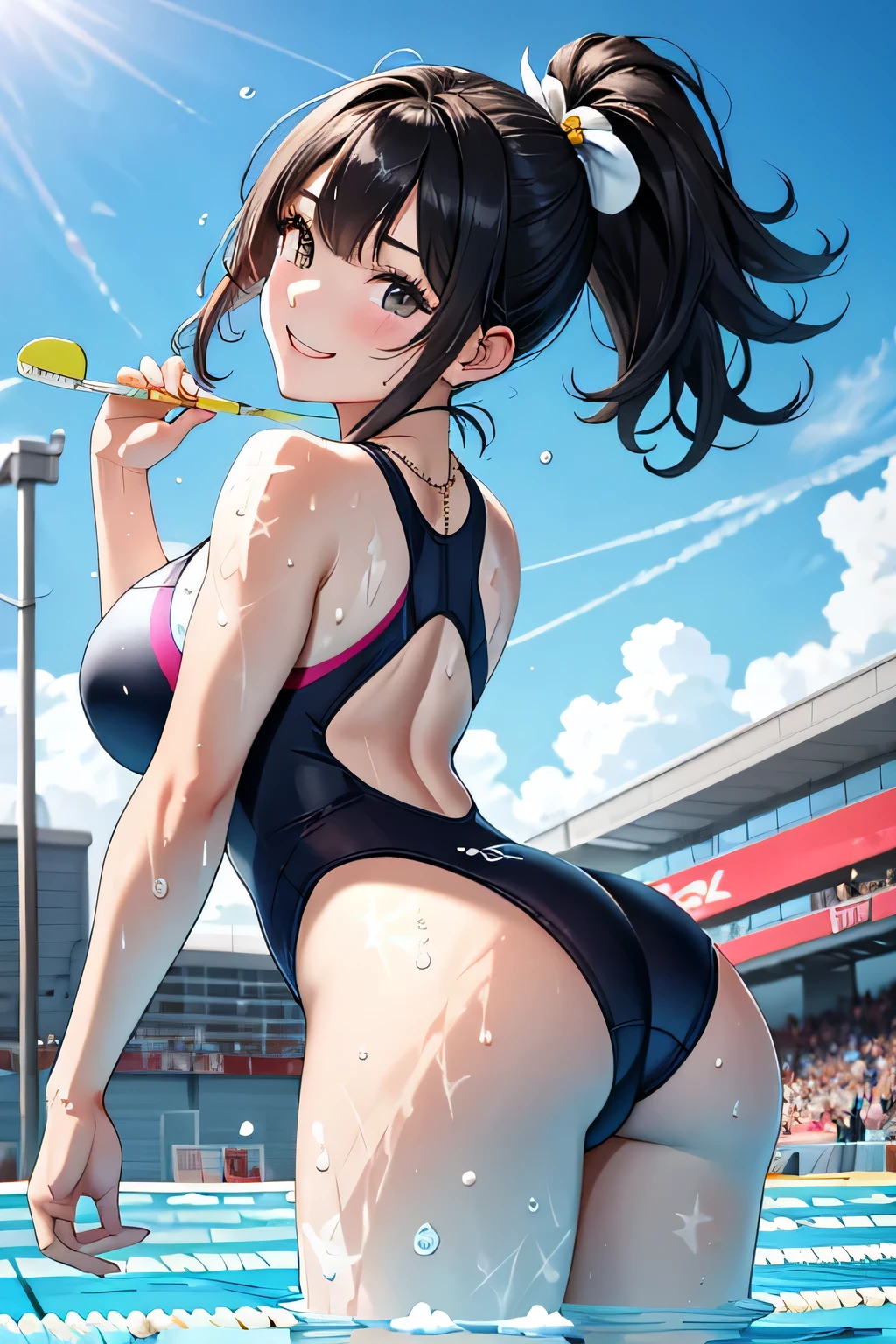 (highest quality:1.4)、High resolution、detailed background)、(detailed beautiful face:1.4)、detailed facial expressions、(anatomically correct)、(huge breasts:1.3)、attractive ass、cute hair color、braided bob、ponytail、realistic、perfect body line、thick thighs、healthy、emphasize the buttocks、

Athletes warming up and stretching by the pool before the race、
Athletes cutting through the water during the race、
The serious expressions and efforts they put in while swimming are fascinating.、
Smiling athletes coming out of the pool after the race、
It is clear that he is satisfied with his time and results.、
The joy and excitement of athletes reaching the podium and receiving their medals and trophies、
It&#39;s a moment when tears and smiles mix together.、

(Close-up from a low angle:1.2)、(A super close-up of the buttocks from directly below)、(Three age competitive swimmers:1.5)、

Choose swimwear that is fitted and revealing, such as backless or high-cut swimwear.、
The deep V-neck and cut-out design also add a sexy touch.、
Choose a cap with a simple design and small jewels or lace embellishments.、
Bright and metallic colors also add a sexy touch.、
Choose goggles with gold or silver frames and embellishments、
Smoky colored lenses and colorful mirror lenses also give a sexy impression.、
Match your swimsuit with a beach volleyball or shell necklace、Add accessories such as anklets to make you look sexy.、
To add sexiness to the hairstyle, we will incorporate wet looks, side parts, and voluminous styles.、
It is also effective to add accents with hair accessories or hairpins.、cute
