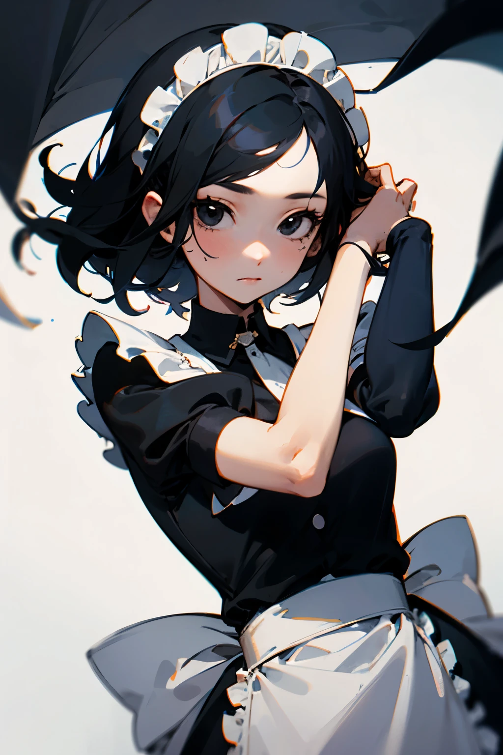 Girl with straight black hair, bangs covering her entire forehead, completely black eyes and using a simple maid dress, but she doesn't use anything in her hair. 