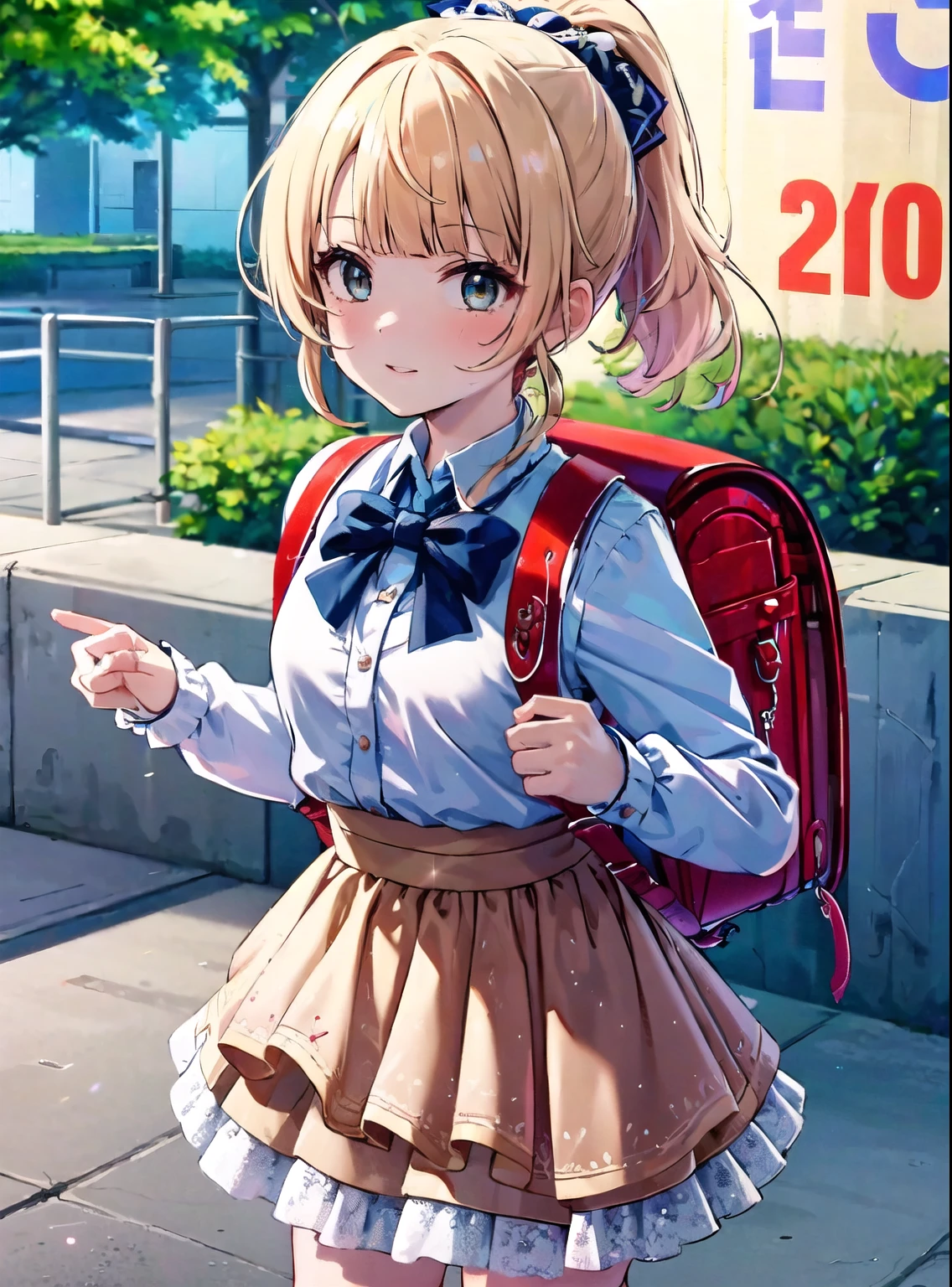 Masterpiece, hd, 1girl wearing cute idol dress (idoldress) layered skirt, frill dress, ribbon, bow, sequins, 
(antique blonde hair Bangs), outdoor, ponytail, standing, outdoor, wearing school backpack, (red backpack:1.1)