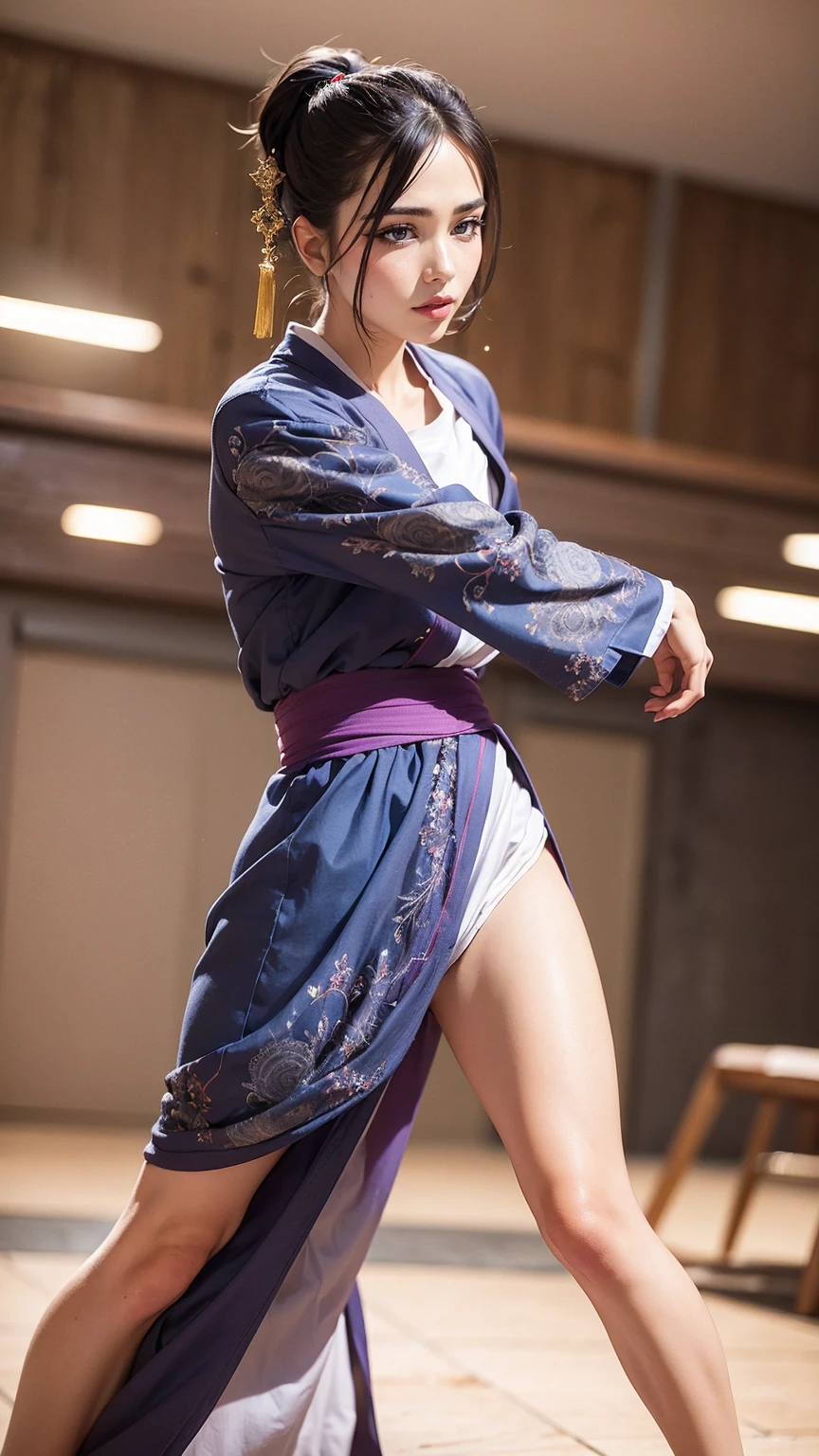 handsome chinese girl, clear eyes, clear facial features, wearing Hanfu, fighting stance, Martial arts moves, A body wrapped in purple mist, Runes around, holographic reality, holographic halo, motion blur, game light effects, edge light, soft light, movie edge light, delicate light, masterpiece, Super detailed, magnificent composition, super hd, high quality, 最high quality, 32k