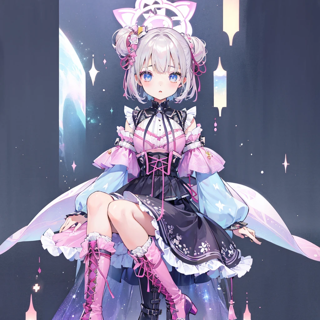 (((1girl)))、lower body shot、Focus on boots、vtuber-halfbody、Star Fairy、「A beautifully printed galaxy patterned kimono and gothic ****ta outfit.、Space pattern box pleated mini skirt with ruffles、front portrait、Knee-high boots、enchanting eyes、Perfect and stunning face、exquisite details、clear image、highest quality。」short hair、