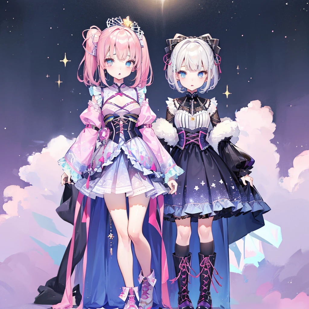 (((1girl)))、lower body shot、Focus on boots、vtuber-halfbody、Star Fairy、「A beautifully printed galaxy patterned kimono and gothic lolita outfit.、Space pattern box pleated mini skirt with ruffles、front portrait、Knee-high boots、enchanting eyes、Perfect and stunning face、exquisite details、clear image、highest quality。」short hair、