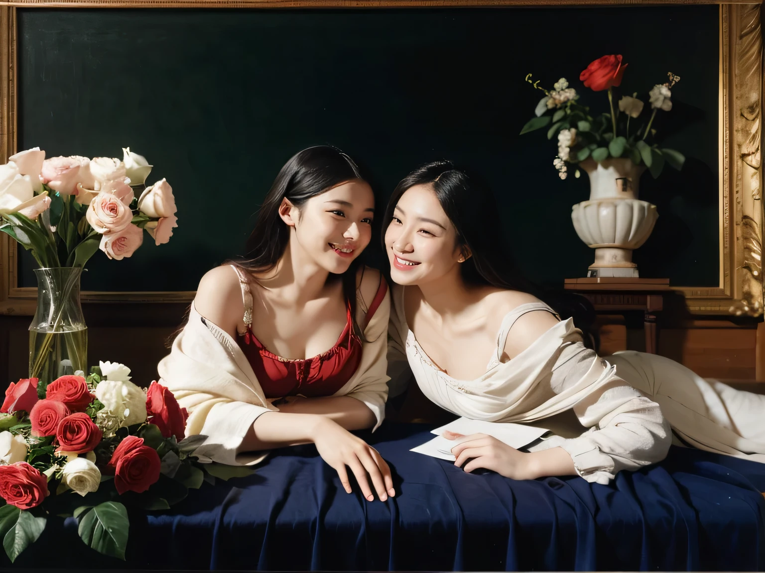 Giorgione painting style,Arguments of two female Philosophe,math、astronomical machine、astronaut、roses in vase、fruits、Cute trinkets、smile、ancient greek costume、Ancient Roman landscape in the style of Nicolas Poussin,laughter,,Sweet and seductive appearance.、Caravaggio's paintings、Chiaroscuro of Caravaggio、hair tousled by the wind,Two women frolicking,cute smile, expression of ecstasy,Sexy,erotic