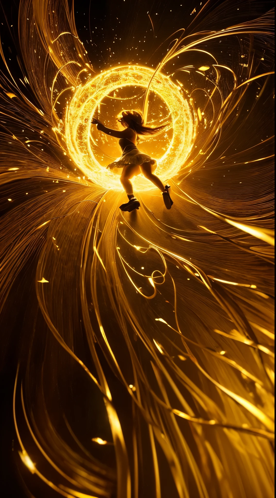 photograph, realistic, Super realistic, intricately detailed, wide angle, Glass apple outline with fine fractal shiny brightly colored glossy contours ("A shining golden flying female fairy uses her wand to turn wood into pure gold..") internal, surreal, Slope, the wind is strong, Petals floating in the wind, Swirling ink and ribbon of light. left, sand 1