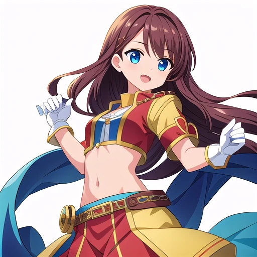 solo female, midriff, ((( white background))), character focus, fantasy clothes, standing, grove cuff, gloves, character design,