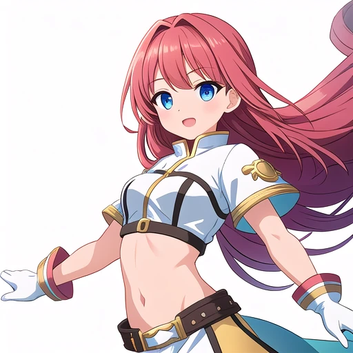 solo female, midriff, ((( white background))), character focus, fantasy clothes, standing, grove cuff, gloves, character design,
