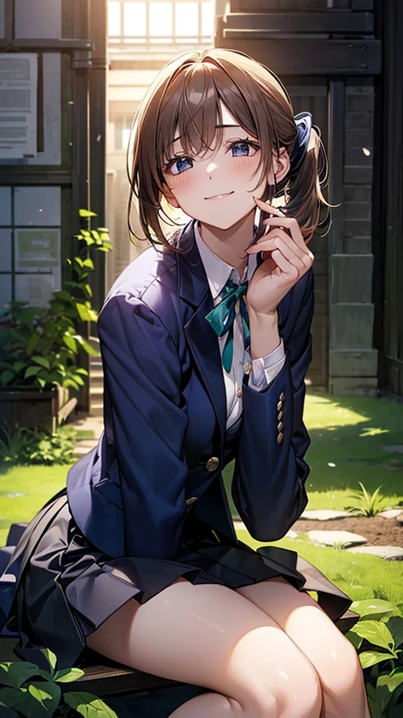 (masterpiece:1.2, highest quality), (realistic, photorealistic:1.4), beautiful illustrations, (natural side lighting, movie lighting),
look away, (face focus, Upper body, from below), 1 girl, Japanese, high school girl, , perfect face, perfect body, Cute symmetrical face, shiny skin, baby face, short hair:1.5, (low ponytail):1.6, long sideburns, light brown hair), asymmetrical bangs, dark blue eyes, droopy eyes, (medium breasts, seductive thighs, big ass),
beautiful hair, beautiful face, detailed and beautiful eyes, beautiful clavicle, beautiful body, beautiful breasts, beautiful thighs, beautiful feet, beautiful fingers,
((cute private , (White School Blazer, closed blazer), white collar shirt with gray collar, navy blue box pleat skirt, purple neck ribbon), emerald green hair ribbon),
(beautiful scenery), evening, (garden), Oak bench to sit on, put your hand on your mouth, (cute smile, upper eye, 口を開けてsmall),