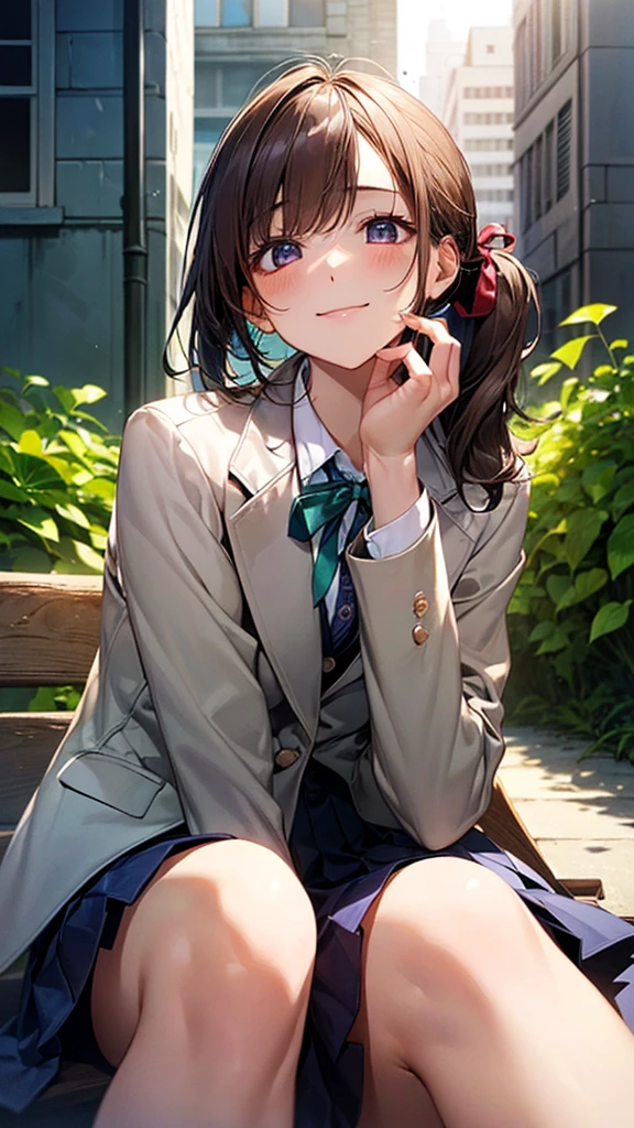 (masterpiece:1.2, highest quality), (realistic, photorealistic:1.4), beautiful illustrations, (natural side lighting, movie lighting),
look away, (face focus, Upper body, from below), 1 girl, Japanese, high school girl, 14 years old, perfect face, perfect body, Cute symmetrical face, shiny skin, baby face, small,
(short hair:1.5, (low ponytail):1.6, long sideburns, light brown hair), asymmetrical bangs, dark blue eyes, droopy eyes, (medium breasts, seductive thighs, big ass),
beautiful hair, beautiful face, detailed and beautiful eyes, beautiful clavicle, beautiful body, beautiful breasts, beautiful thighs, beautiful feet, beautiful fingers,
((cute private , (White School Blazer, closed blazer), white collar shirt with gray collar, navy blue box pleat skirt, purple neck ribbon), emerald green hair ribbon),
(beautiful scenery), evening, (garden), Oak bench to sit on, put your hand on your mouth, (cute smile, upper eye, 口を開けてsmall),