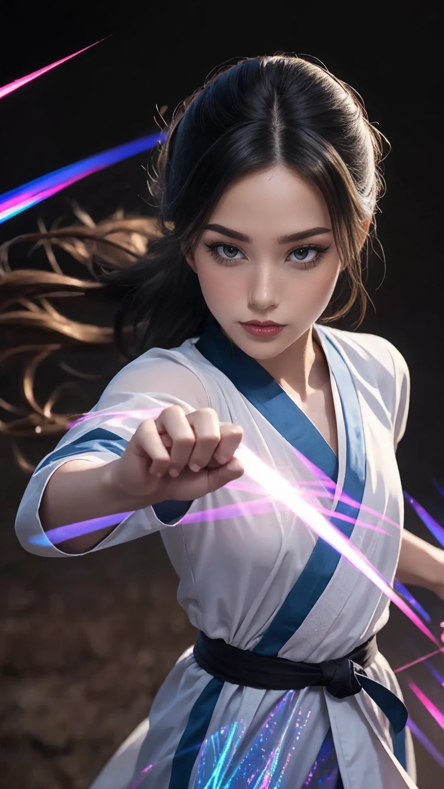 handsome chinese girl, clear eyes, clear facial features, wearing Hanfu, fighting stance, Martial arts moves, A body wrapped in purple mist, Runes around, holographic reality, holographic halo, motion blur, game light effects, edge light, soft light, movie edge light, delicate light, masterpiece, Super detailed, magnificent composition, super hd, high quality, 最high quality, 32k