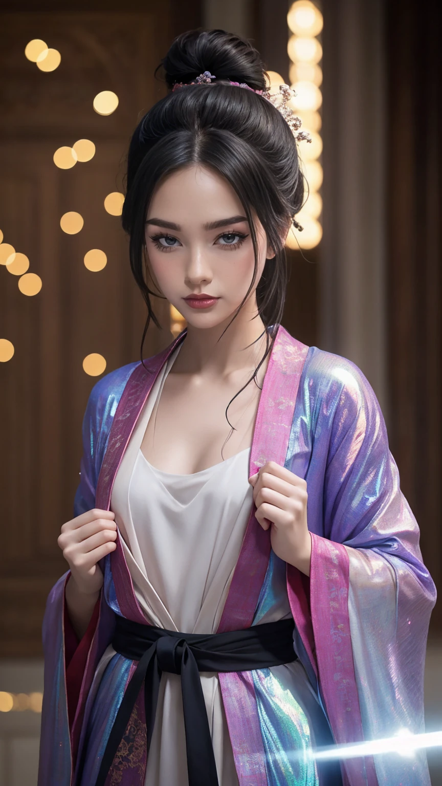 handsome chinese girl, clear eyes, clear facial features, wearing Hanfu, fighting stance, Martial arts moves, A body wrapped in purple mist, Runes around, holographic reality, holographic halo, motion blur, game light effects, edge light, soft light, movie edge light, delicate light, masterpiece, Super detailed, magnificent composition, super hd, high quality, 最high quality, 32k