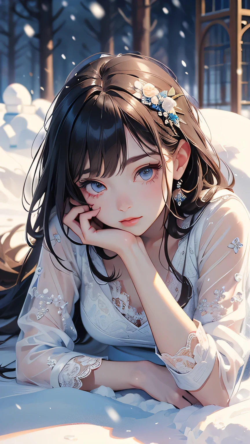 (((Masterpiece))),((top quality)),one beautiful girl,bangs、(white lace dress:1.5)、(belly button)、(See-through)、snow girl, beautiful digital artwork, Beautiful snow girl, beautiful fantasy art, very beautiful fantasy art, beautiful digital art,(Lying in the snow:1.5)