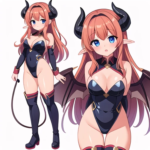 masterpiece, best quality, cute eyes, 1girl, solo, high fantasy costume, ((white background)), full body, multiple views, boots, leotard, succubus, devil horn, demon horn,