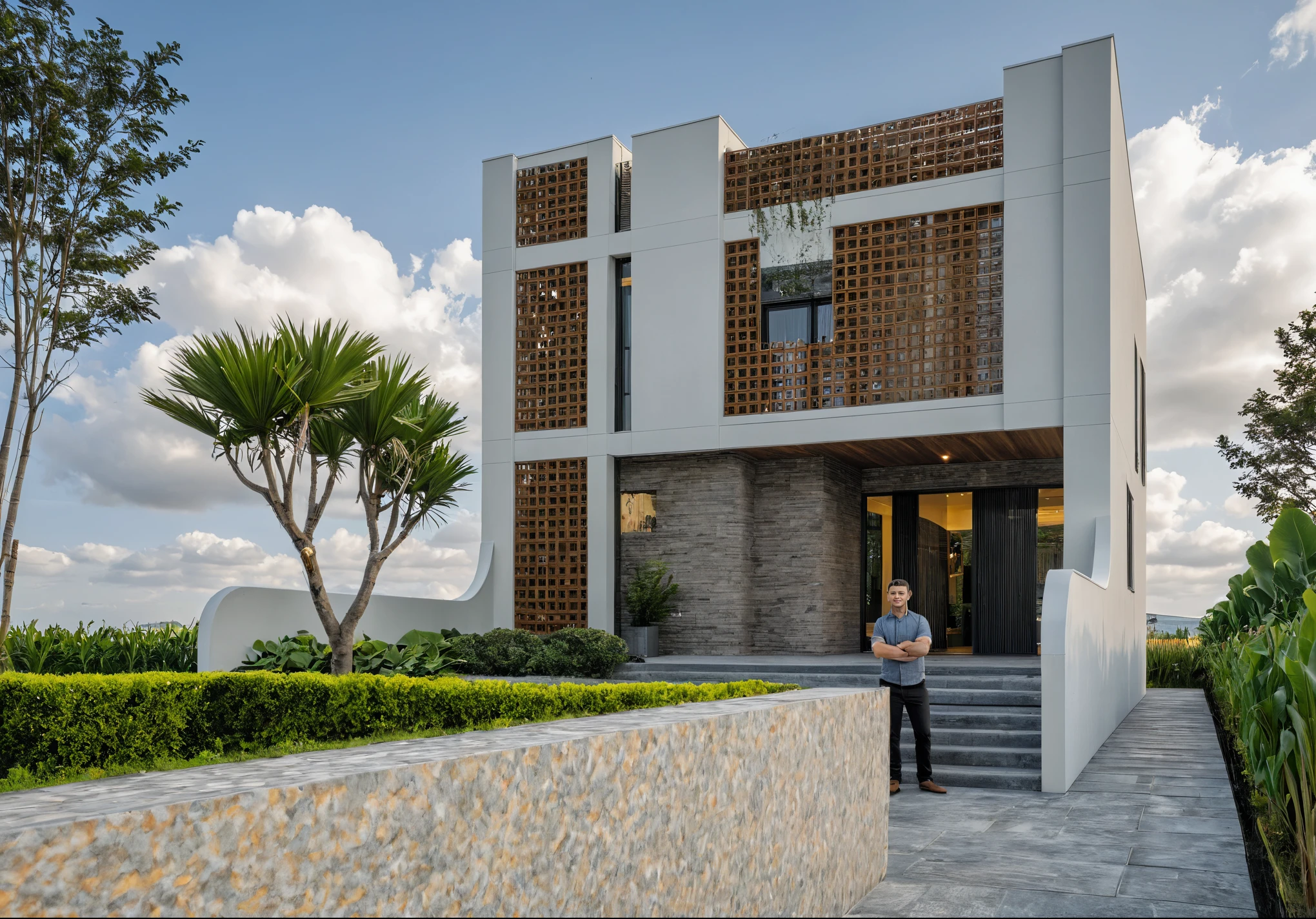 Masterpiece, high quality, best quality, authentic, super detail, outdoors, onestoreyvillaXL, aiaigroup, house style modern on the street ,stairs, white wall ,road,pavement, grass, trees, sky, cloud, (daylight:1.1)
