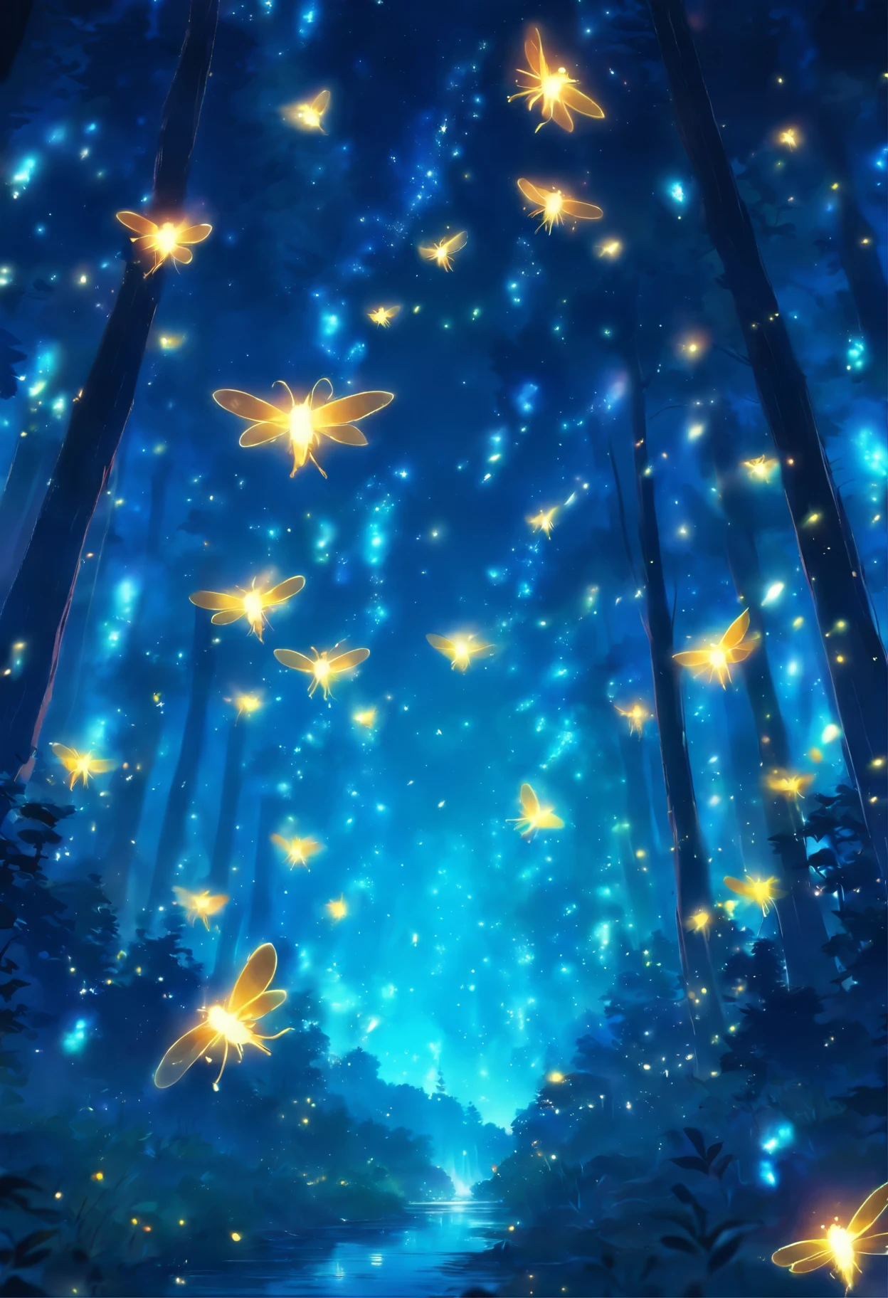 fireflies flying in the night sky above a forest path, concept art by Yang J, tumblr, conceptual art, fireflies and sparkling wisps, magical forest with fireflies, glowing fireflies, fireflies!!!!, firefly forest at night, fireflies!!, cozy night fireflies, fireflies around, fireflies glowing, fireflies flying in the forest
