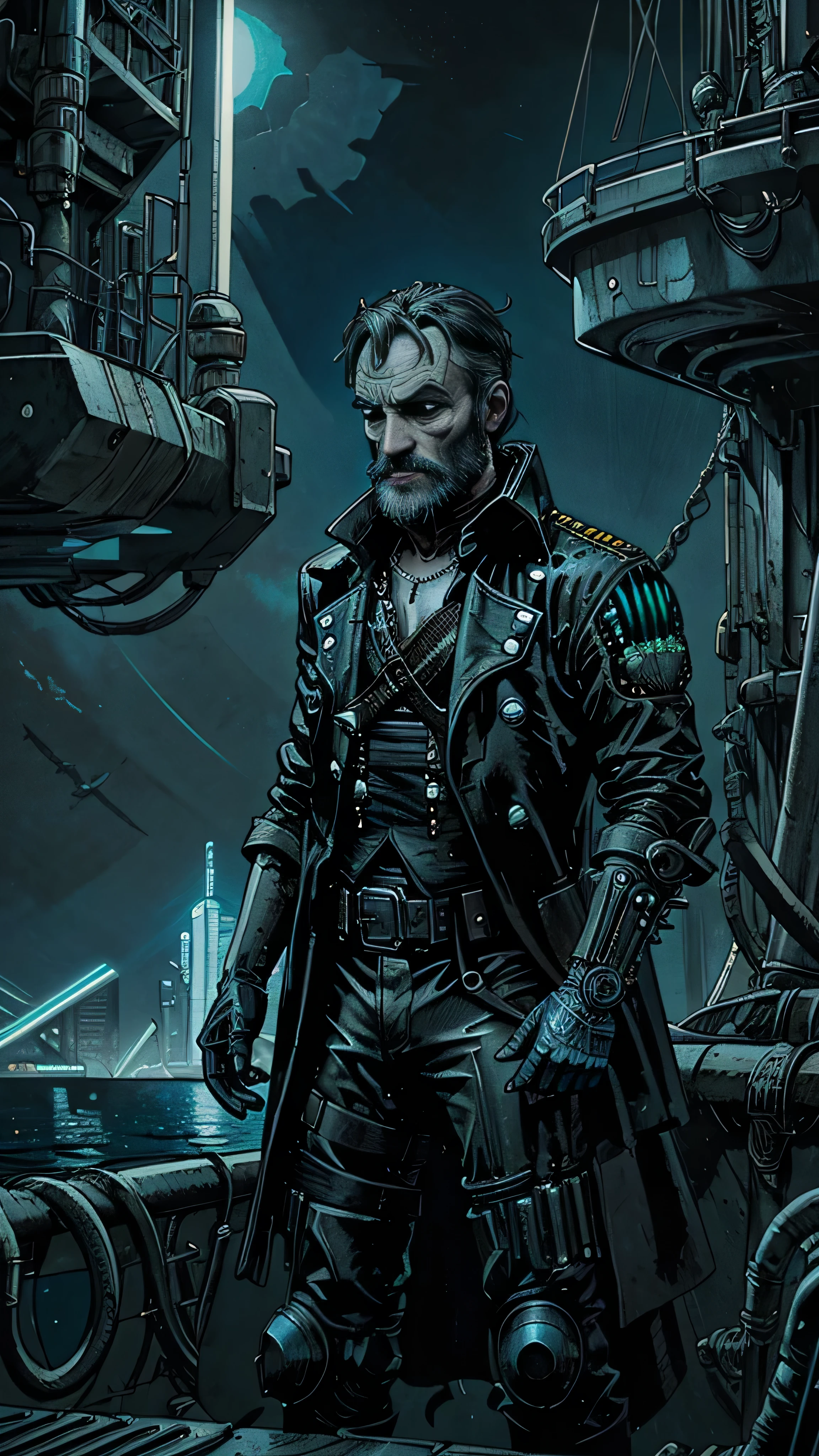 CyberpunkAI, neon, ((Liam Cunningham)) as Davos Seaworth, ((cyberpunk pirate)), standing on the ((cyberpunk ship)), in the sea, 1man, solo, beautiful detailed glow, detailed, cinematic light, intricate detail, realistic, highres, detailed facial features, high detail, sharp focus, smooth, aesthetic, extremely detailed, stamp, octane render