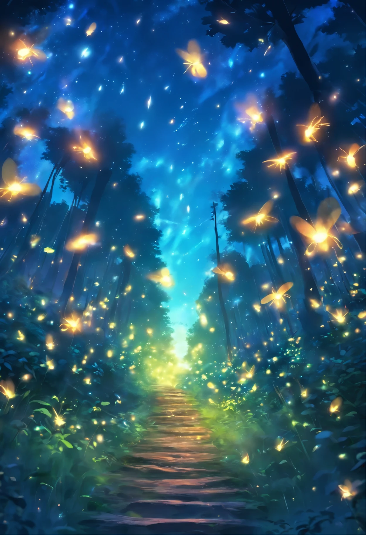 fireflies flying in the night sky above a forest path, concept art by Yang J, tumblr, conceptual art, fireflies and sparkling wisps, magical forest with fireflies, glowing fireflies, fireflies!!!!, firefly forest at night, fireflies!!, cozy night fireflies, fireflies around, fireflies glowing, fireflies flying in the forest
