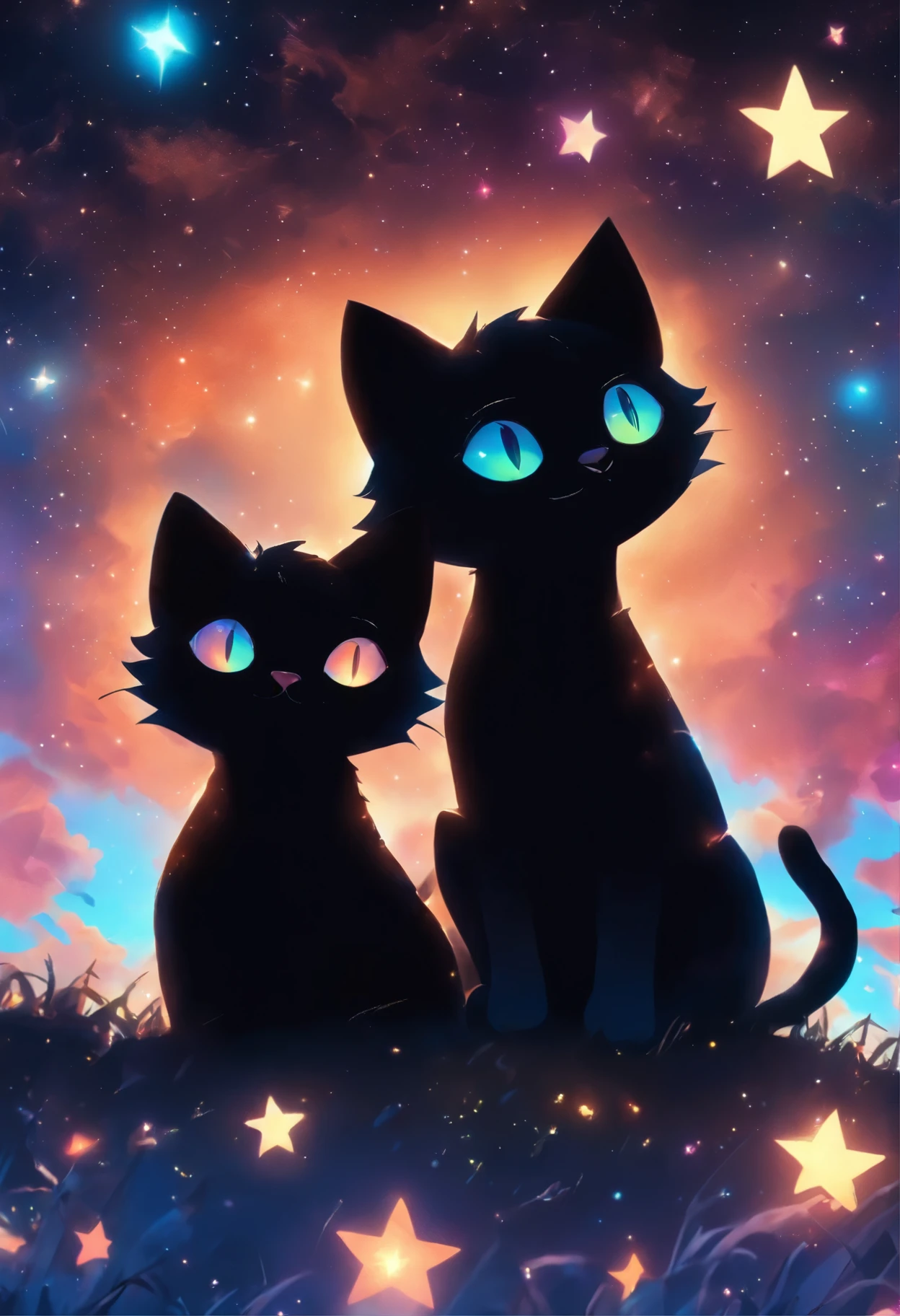 a close up of two cats sitting on a hill under a starr sky, black cats, cats cat dreamcats, cat cat dreamcats, stars in her gazing eyes, night starry sky full of cats, ✨🕌🌙, dark and stars in the background, kittens in outer space, by Kubisi art, by Julia Pishtar, dream animal cute eyes