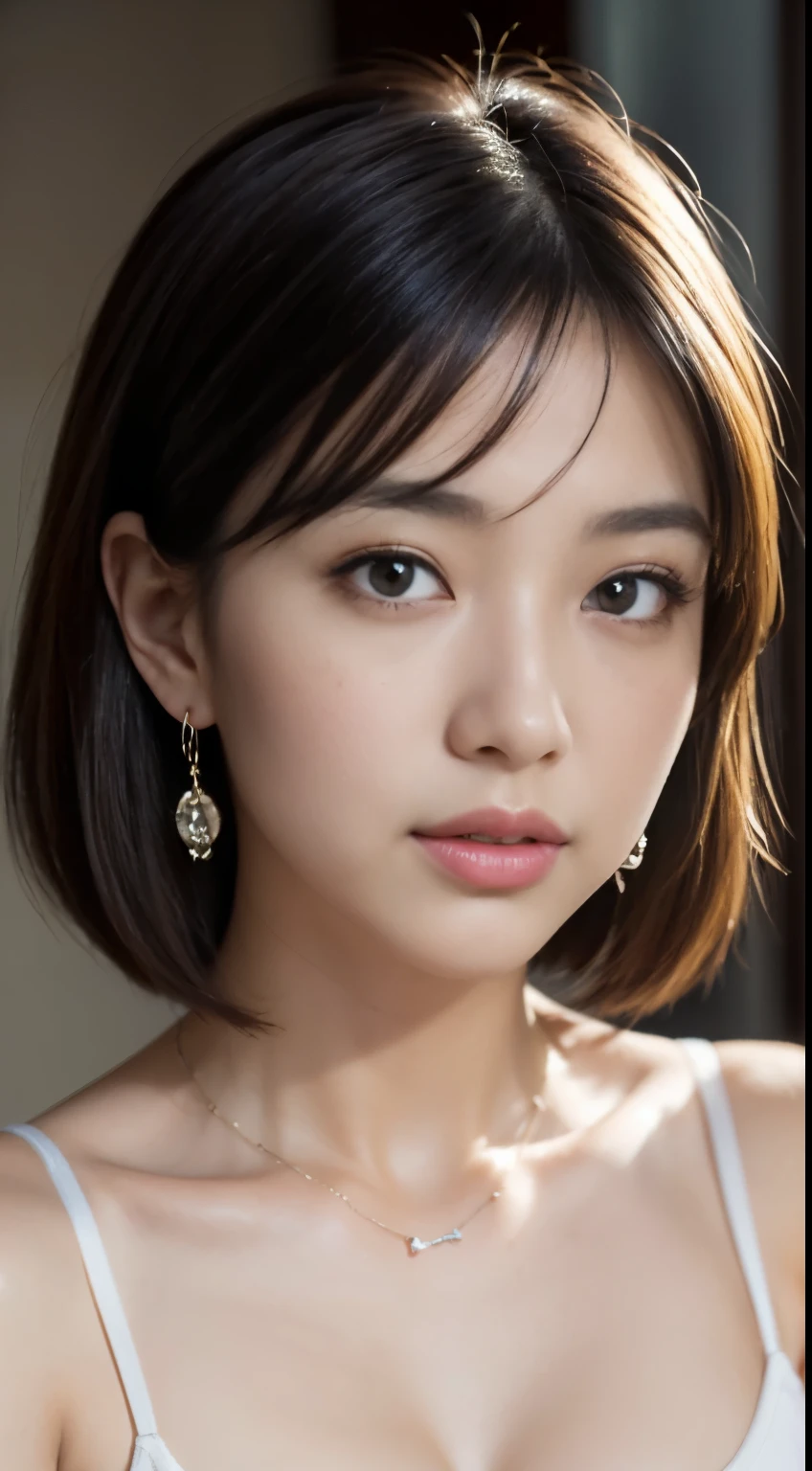 8K, table top, Raw photo, highest quality, realistic, Highly detailed CG Unity 8K wallpaper, Depth of the bounds written, cinematic light,ray tracing, (very beautiful face, beautiful lips, beautiful eyes), face with intricate details, ((highly detailed skin)) 1 girl, in the dark, deep shadow, 1 cute Japan girl, , ((looking at the viewer)),(half open mouth),  (blurred background),  beautiful earrings, bracelet, necklace, clear eyes, ,  (big eye ace forward, (upper body shot), , (looking at the viewer:1.3) open chest,  Huge , Plump、 focusing,,((thin camisole、No bra))), Random hairstyles for short hair and up hair、black hair、blush、Sexy Inviting Poses、Fuck me eyes、18 ～ Random age between 35 years old、white skin、multiple moles:1.6