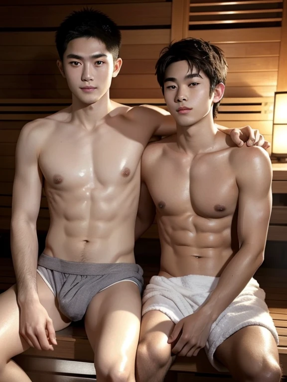 2 Naked men , waist towel, sauna, sitting , sweaty face and body , steam , nude ,realistic handsome Japanese face , modest muscles , masterpiece、A high resolution、hyperrealism、detailed face、2 men、glowing skin、(Asian)、(young、ager)、Handsome、detailed background、Handsome