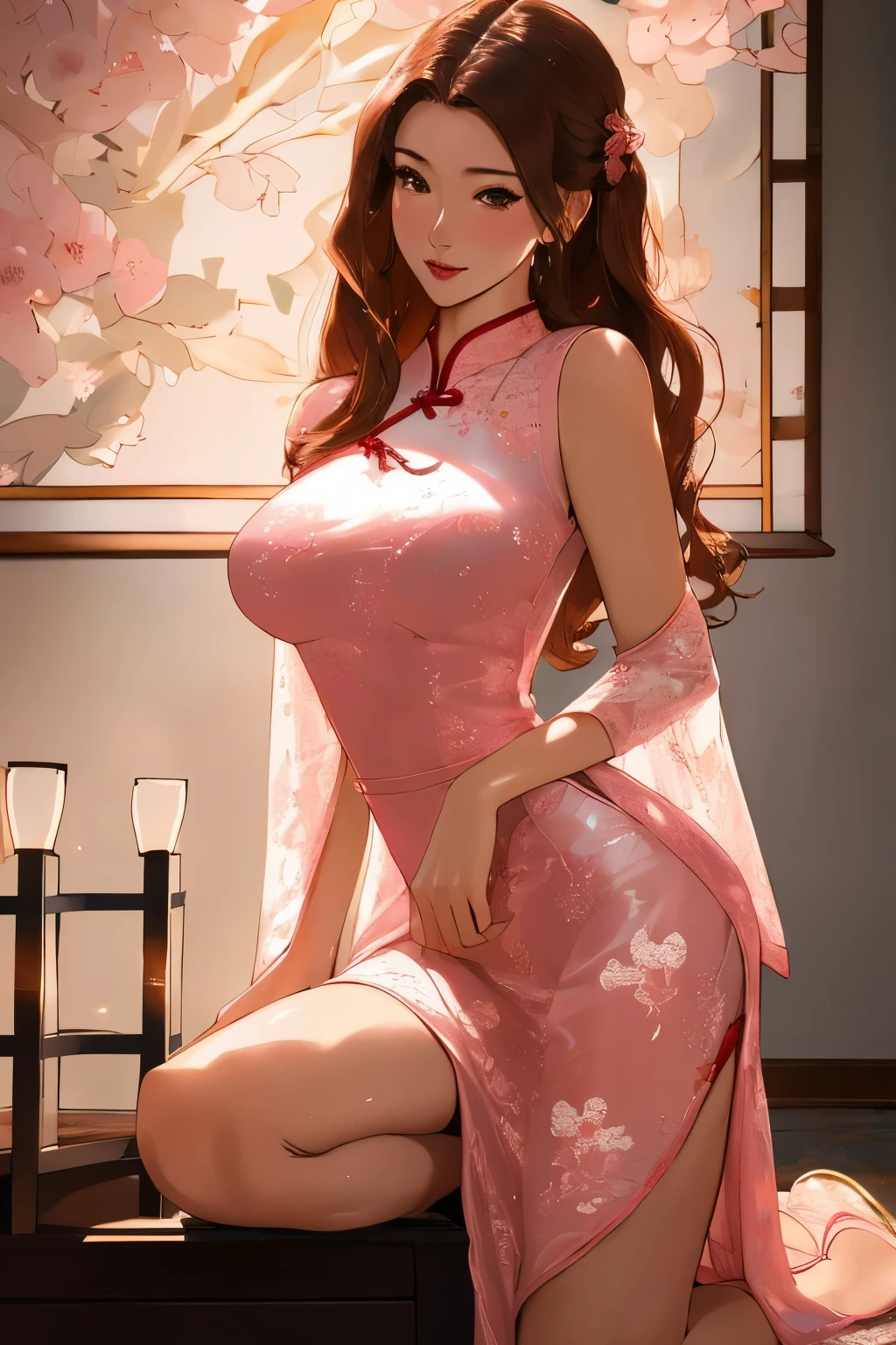 Best Quality, masutepiece, hight resolution, 1girl in, light pink lingerie cheongsam, Beautuful Women、A MILF、 (High detailed skin:1.2), Soft lighting, 8K, medium breasts, Breast Out, Full body, brown haired, eyes are brown,