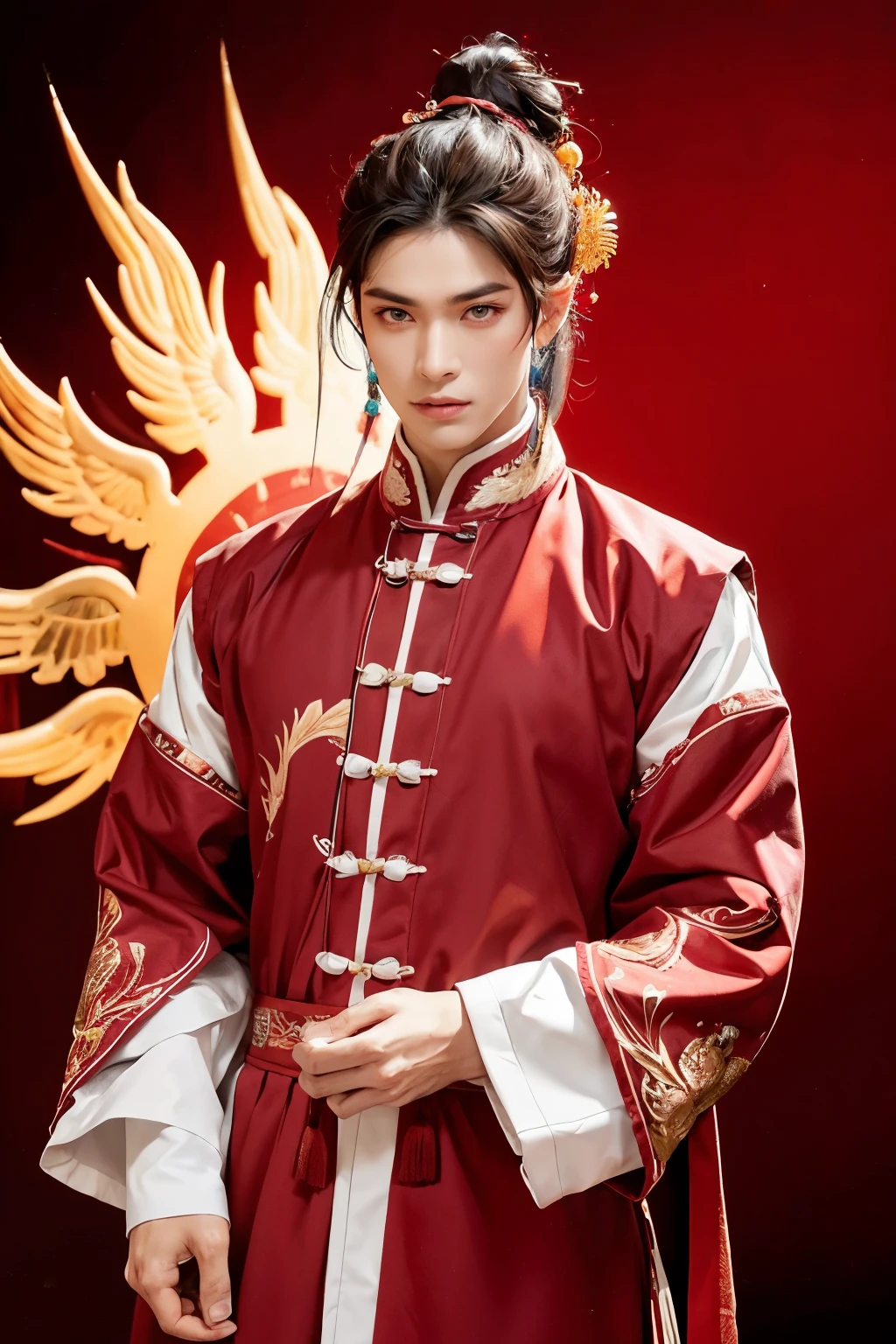 A handsome guy wearing a Chinese ancient costume with intricate phoenix patterns stands boldly in the front for this half-length photo. His chiseled jawline and strong featured face are illuminated under professional lighting, bringing out the finest details and textures of his skin. His deep-set, beautifully detailed eyes radiate a captivating charm that draws the viewer in. The costume, made of high-quality fabric, fits him perfectly, highlighting his broad shoulders and slim waist. The outfit's vibrant colors and intricate patterns stand out against the simple background, making this image a top-quality masterpiece befitting for a wallpaper.