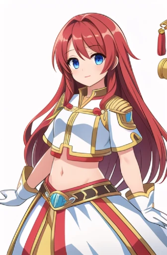 solo female, midriff, ((( white background))), character focus, fantasy clothes, standing, grove cuff, gloves, character design,