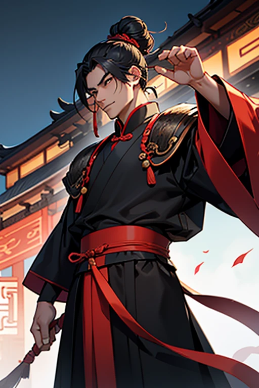 Half body of a chinese general, man, 21 years old, hair is tied in a bun, wearing black hanfu, armor and a black cloak, brave, proud, background is ancient chinese roofs