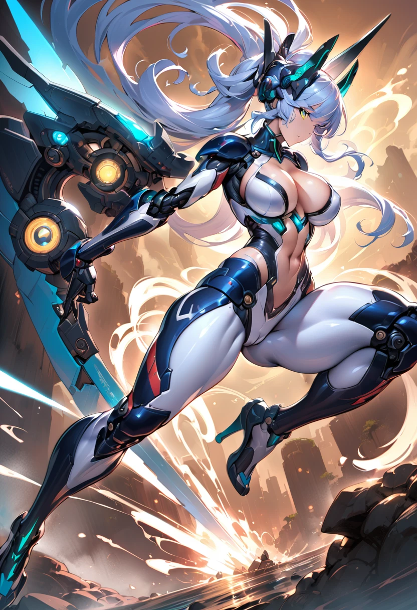 (masterpiece), (best quality:1.4), (perfect anatomy:1.4), high quality, expressive eyes, full body, tall girl, detailed face, beautiful face, perfect face, breasts, cleavage, gloves, A photograph of mid-twenties Japanese female android made of shiny white and silver translucent glass and plastic, geisha makeup and hairstyle, silver metal internal body mechanisms, dynamic pose, flowing organic construction, glowing golden circuitry, colorful neon trim, glowing circuitry, neon trim, depth of field focus f/2.8, art by H.R. Giger, Greg Rutowski, bodysuit, thick thighs, toned, emblem, superhero, dynamic lighting, 4k resolution, dynamic pose, weapon, energy weapon, cover, mecha musume, fortified suit, mechanical parts, headgear, robot joints, bodysuit, deva battle suit, gloves,