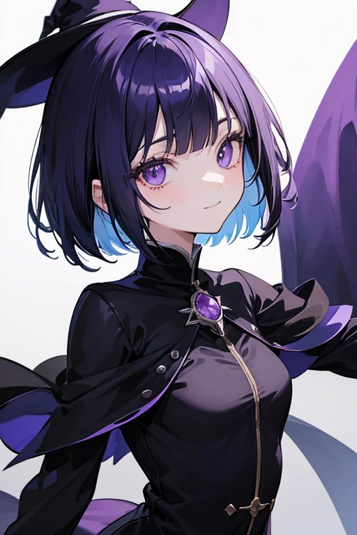 Witch's outfit, Anime-style portrait of a girl with a deep violet bob cut making eye contact with the camera, bright eyes, baby-faced, subtle smile, deep violet inner hair, minimalistic background to emphasize character, high contrast, clean lines, digital painting, vivid colors