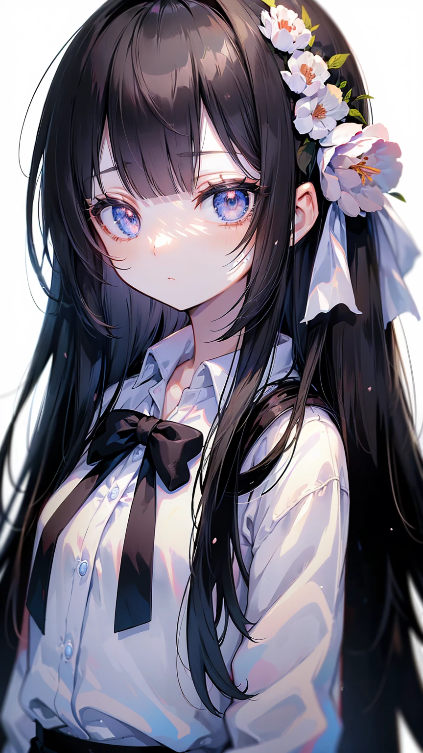 anime,(face),(beautiful detailed eyes), black hair,sliver eyes, masterpiece,looking at viewer, best_quality,white background,masterpiece,white shirt, arms behind back, 1 girl