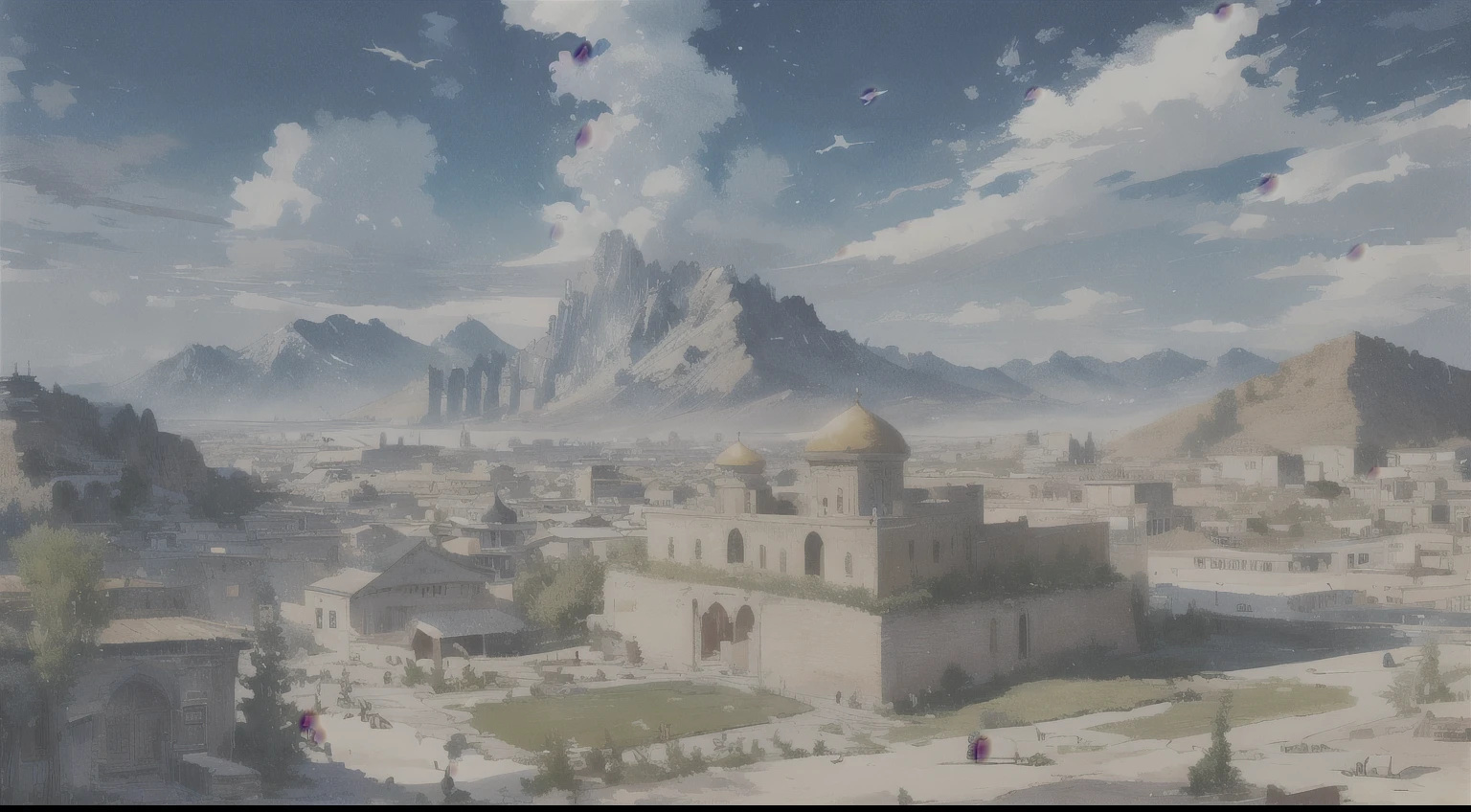 ((masterpiece)),((best quality)),((high detail)),((actual,)) ((Super detailed)) Landscapes of Central Asia,Moroccan city, Cartoonist illustration, airscape, beautiful sky, Morphing clouds, 1.3:pine, tower,