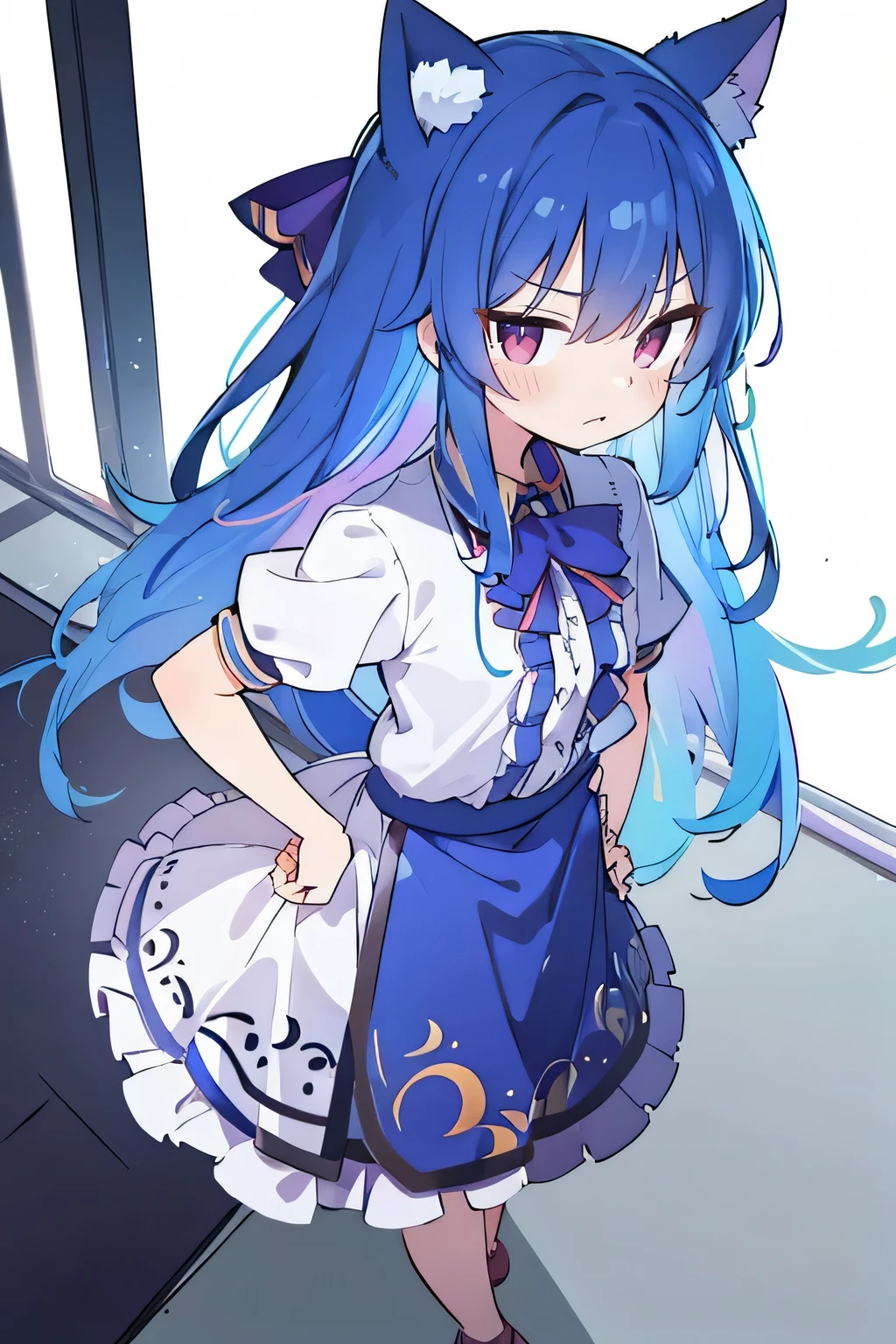 (masterpiece),best quality, expressive eyes, perfect face, 1girl,
Put your hands on your waist,fair, Gorgeous,Japanese cartoons,girl,lola,Hina Angel, blue hair, blue haired, floating clothes,Grab your waist, Grab your waist, hands on hips , hands on hips,sit, sit on ground, Legs on the ground, flat chest,cat ears,