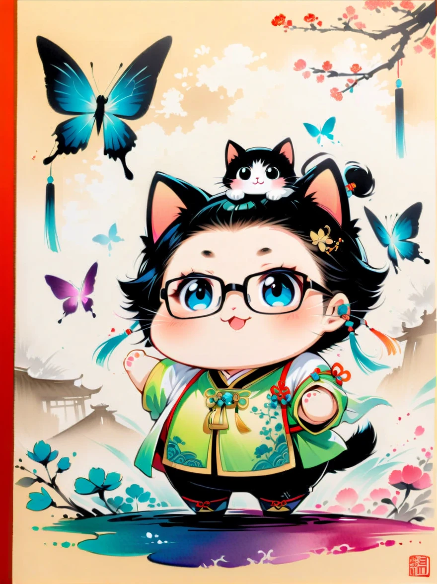 Close-up, Chinese traditional elements, Chinese Ancient Tang Dynasty,cute kitty is playing butterflies, wearing glasses, happy,exaggerated expression,colourful ink wash painting, delicate brushstrokes, rich details, high quality, movie-level lighting, cute, chubby, chibi,fuzzy,I can't believe how cute it is