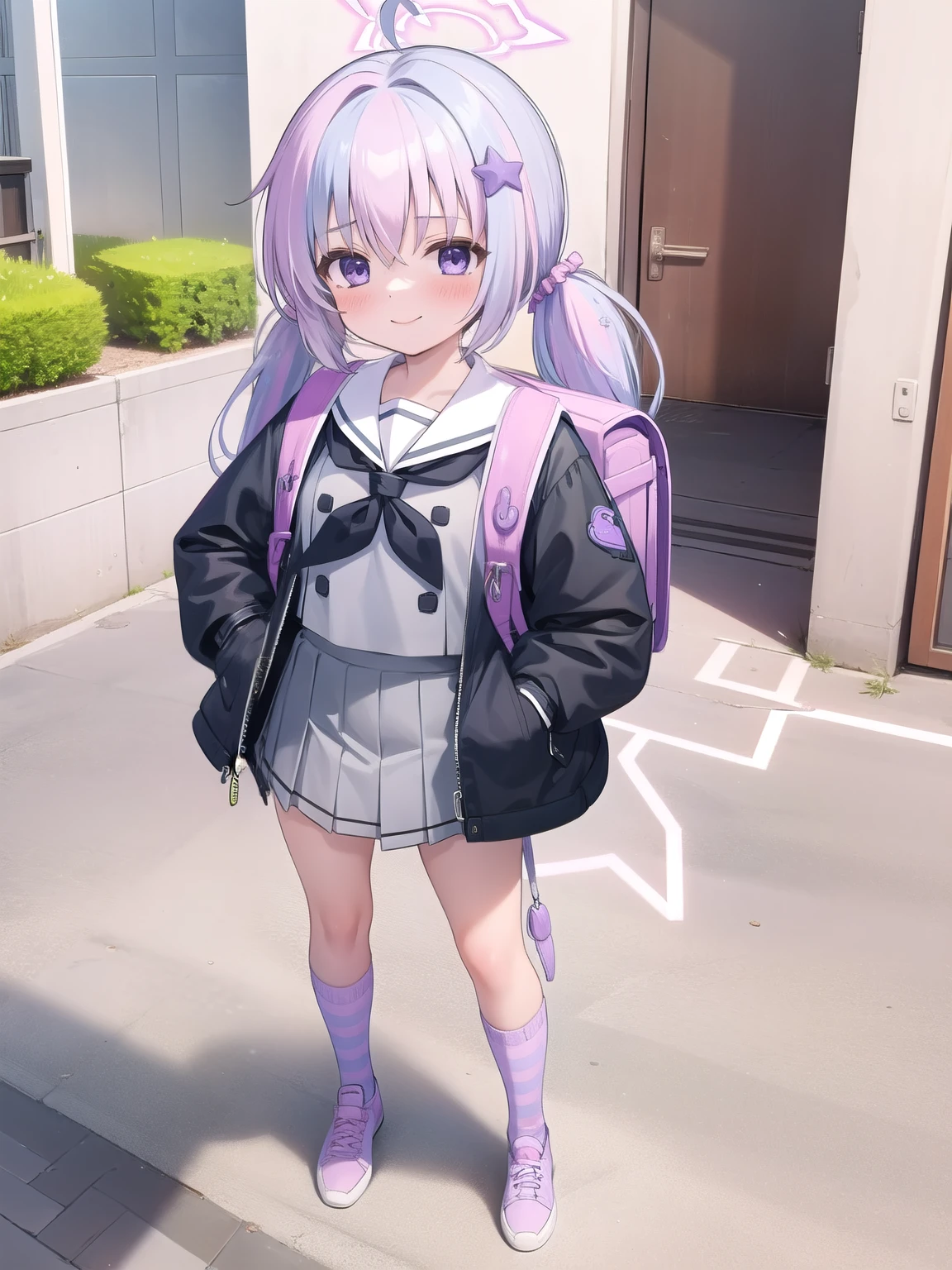 Masterpiece, best quality, 1girl, indoor, standing, looking at viewer, full body, smile, reisaid, twintails, purple eyes, hair ornament, halo, neckerchief, open jacket, gray sailor collar, pink sock, striped sock, sneakers, standing, outdoor, wearing purple backpack, (purple backpack:1.1)