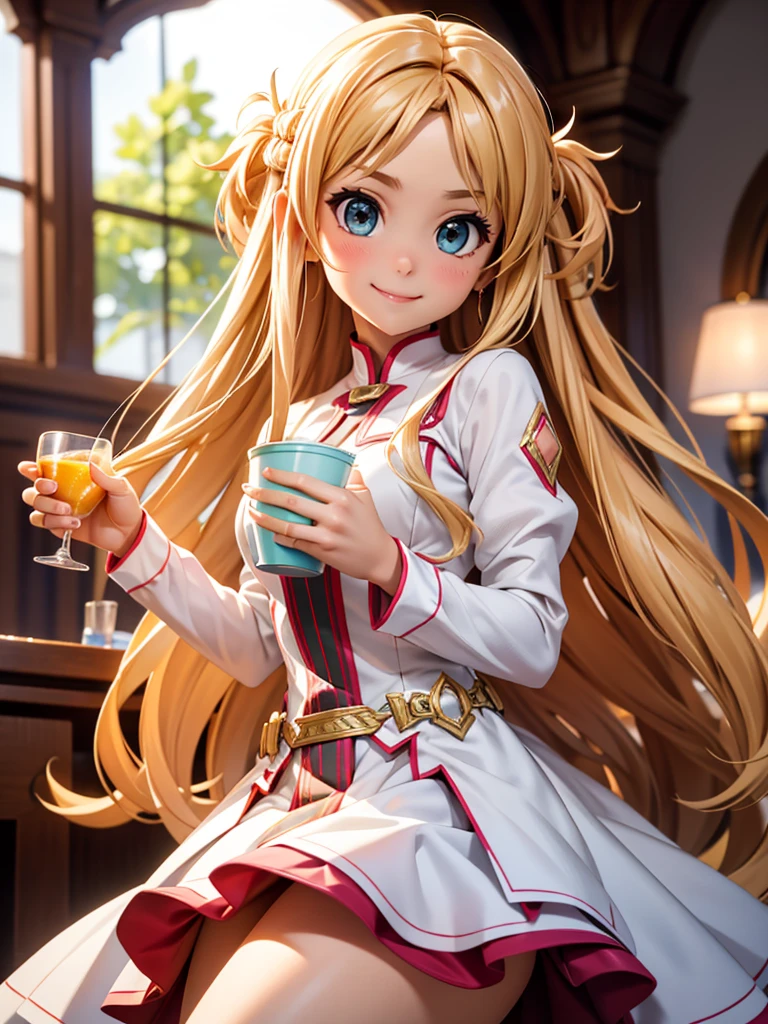 superb, amazing, Super high image quality, actual, girl, (beautiful face 1.4), (big deal, Tighten the waist), long hair, indoors, Bokeh, beautiful light, shiny skin, small head, Smile, dinner , holding cup