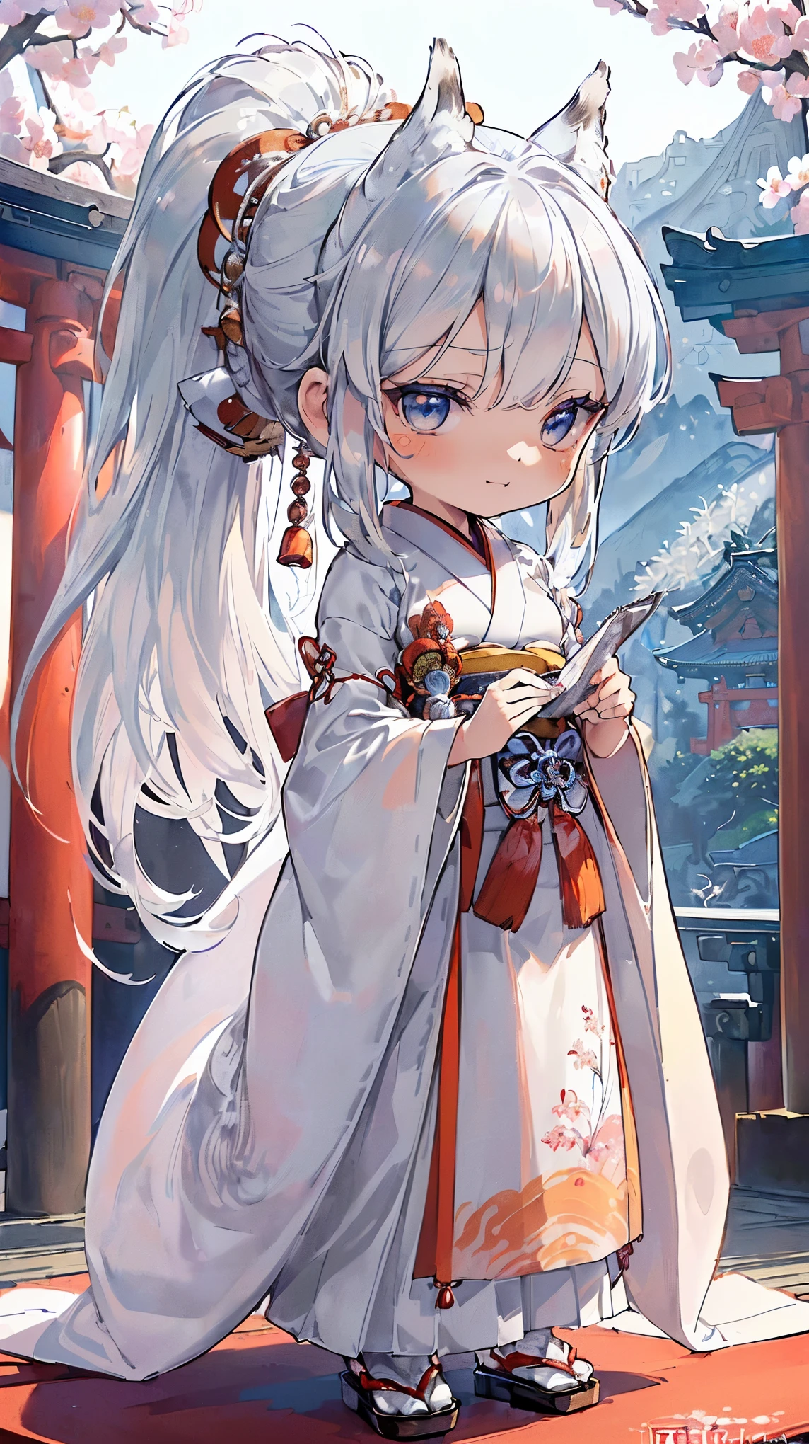 (((Masterpiece))), (((Highest quality))), ((Ultra-detailed)), ((Super fine illustration)), ((Ultra-fine painting)), (16K highest quality wallpaper:1.4), (Chibi:2.0), (Full body:1.6), HDR, (Highly detailed and delicate illustration style:1.8), Detailed skin texture, Detailed cloth texture, Extreme detailed description, (T-masterpiece), (Highly detailed face:1.2), (Highly detailed silver fox ears:1.2), (Highly detailed shiny ponytail:1.2), (Highly detailed beautiful eyes:1.2), (Highly detailed silver nine tails:1.2), Original, RAW photo, Professional, Intricate details, Super details, Direct light:1.6, (Perfect anatomy:1.4), (Highly detailed hands:1.2), (Highly detailed fingers:1.2), (Highly detailed fingertips:1.2), (27-years-old), Real, (Solo:1.6), ((A very beautiful and attractive silver fox fashion model who is a messenger of God and a traditional Japanese sacred shrine maiden:1.4)) BRAKE (Beautiful and adorable silver fox ears:1.6), (Highly detailed and delicate silver fox ears:1.4), (Beautiful and well-shaped big breasts:1.2), (Beautiful and well-shaped buttocks), (Beautiful and shiny silver ponytail:1.6), (Highly detailed and delicate silver ponytail:1.2), (Beautiful clear blue eyes that shine with great detail:1.6), (Highly detailed and delicate blue eyes:1.2), (Highly detailed face:1.4), (Smile:1.3), (Blush:1.2), (Looking at viewer:1.4), (Celebration:1.4), (Standing:1.2) BRAKE ((Brightly white and red colored) and divine traditional shrine maiden costumes at Japanese shrines:1.4), (Japanese divine traditional costume:1.2) BRAKE (Highly detailed and beautiful Ise Grand Shrine in Mie Prefecture just after noon in spring in the background:1.6), (Celebration:1.4), (Cherry blossoms:1.2), Highly beautiful in the sunny sky background just after noon:1.2 BRAKE 