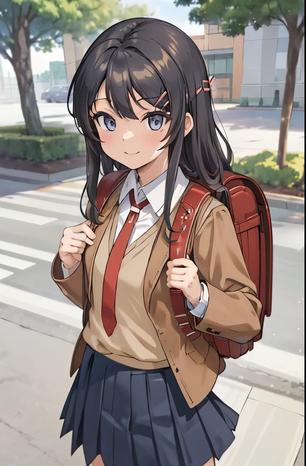 (masterpiece,best quality, detailed),hd.,  1girl, solo focus, outdoors, street, , day, smile, sakurajima mai, brown jacket, red necktie, white shirt, blue skirt, sweater vest, hairclip, loafers, shawn, wearing school backpack, (backpack:1.1)