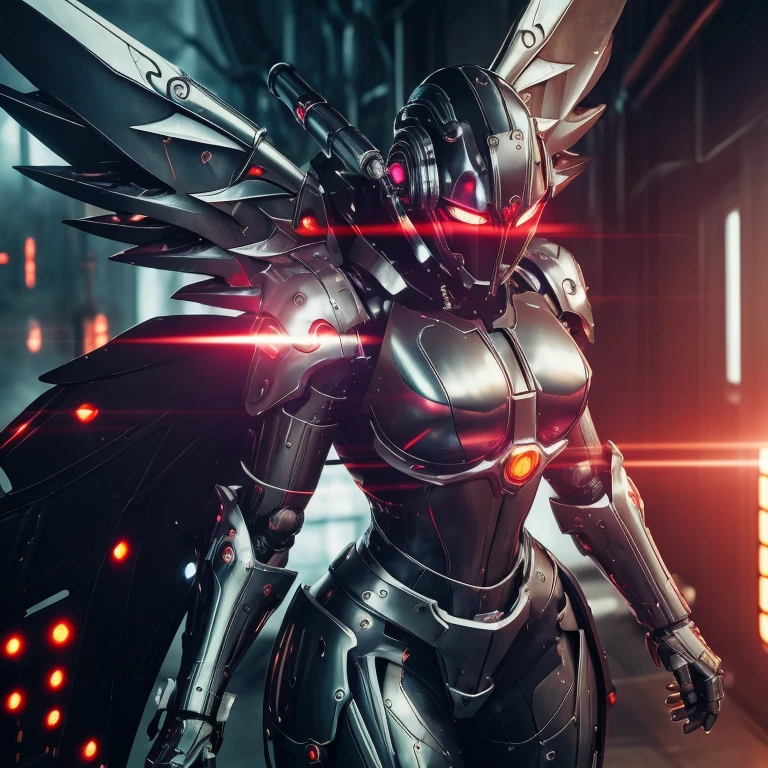mechanical girl,　Shiny metallic skin,　Machinery and Metal Body Parts,Metal cyber helmet with mechanical ears,very big breasts，red glowing eyes, Devilish metal body，black, Crow-like metal wings growing from his shoulder blades.，赤とblackのメタルボディ，[methodical, surgical precision],　Cyberpunk style background,science fiction art style,bright colors,High resolution,Super detailed,realistic lighting effects,Bokeh，In combat,　best shot