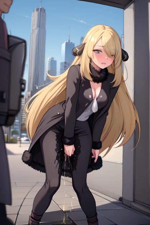 1girl,(solo:1.5),(solo focus:1.5),cynthia,blonde hair,hair over one eye,hair ornament,very long hair,wavy hair,grey eyes,large b...