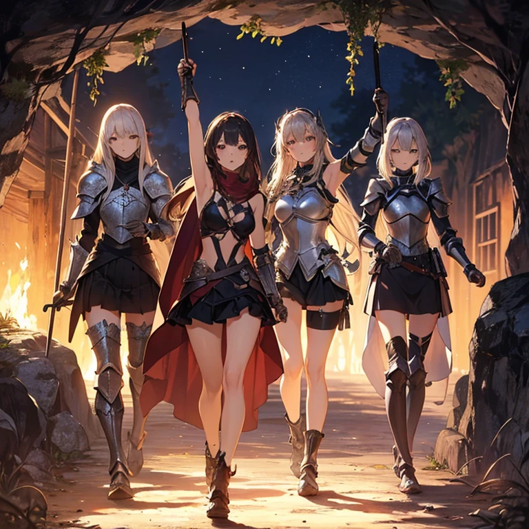 A group of  female knight, (in cave), various hair styles, harem, wearing armored clothes, metal armor, night, details face, , short skirt, seducing, sword, showing armpits, sleeveless, erotic
