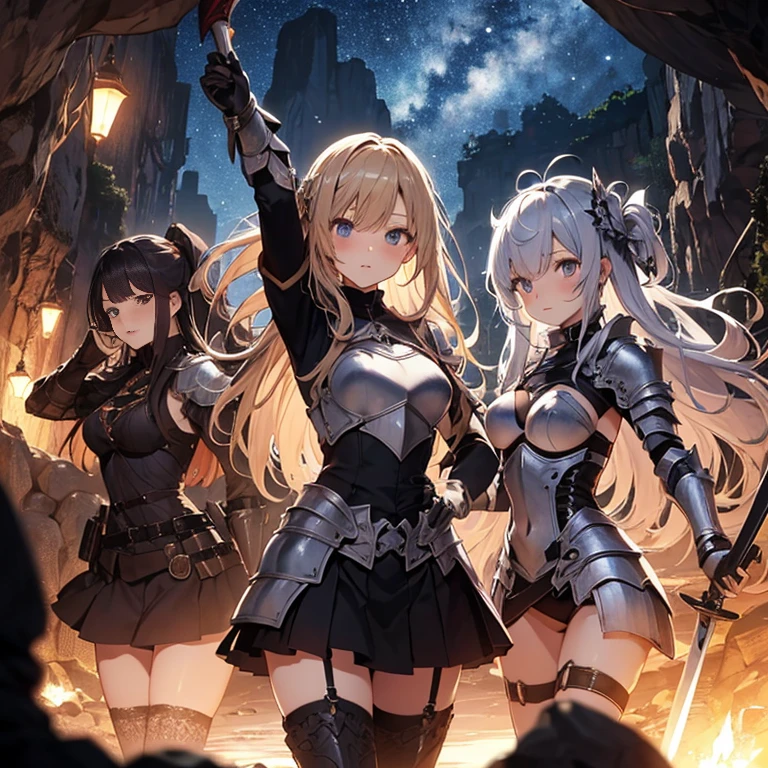 A group of  female knight, (in cave), various hair styles, harem, wearing armored clothes, metal armor, night, details face, , short skirt, seducing, sword, showing armpits, sleeveless, erotic