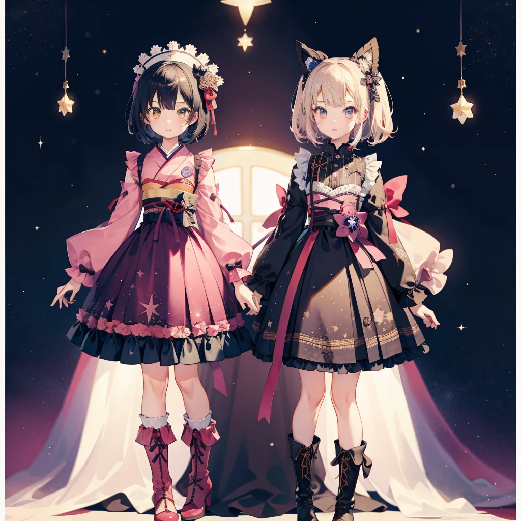 (((1girl)))、lower body shot、Focus on boots、vtuber-halfbody、Star Fairy、「A beautifully printed galaxy patterned kimono and gothic ta outfit.、Space pattern box pleated mini skirt with ruffles、front portrait、Knee-high boots、enchanting eyes、Perfect and stunning face、exquisite details、clear image、highest quality。」short hair、