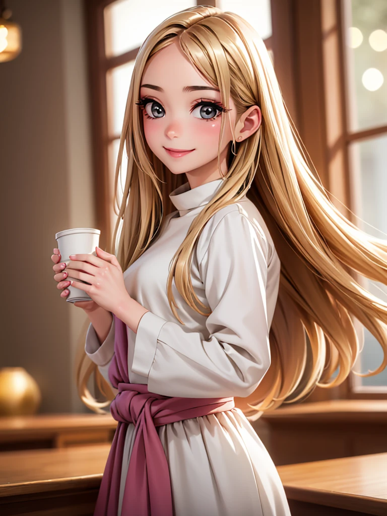 superb, amazing, Super high image quality, actual, girl, (beautiful face 1.4), (big deal, Tighten the waist), long hair, indoors, Bokeh, beautiful light, shiny skin, small head, Smile, dinner , holding cup