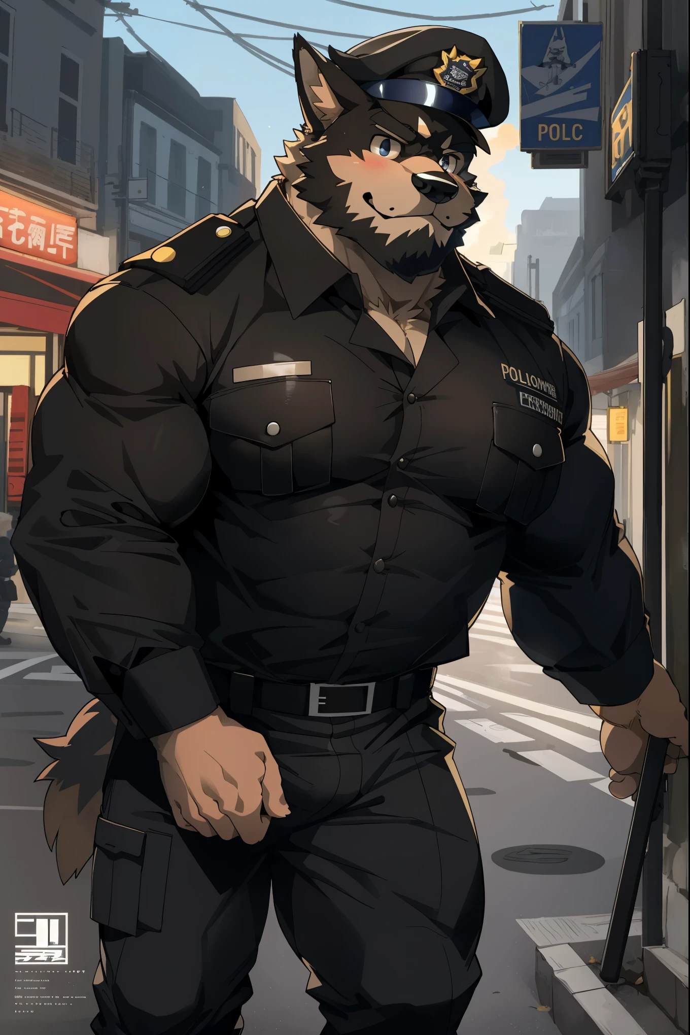 top quality, best quality, super high resolution, detailed background(highly detailed beautiful face and eyes)absurdres, perfect anatomy(angelic nice 1boy, kemono, solo focus, muscle man)(furry)(furry anthro:1.7)(Furry body, dog facial features, dog body features)(very detailed body fur)full body(dignified, Embarrassing)police officer, street, muscle, facial hair, volumetric lighting, half undressh, black clothes, (black police uniform shirt) from below,