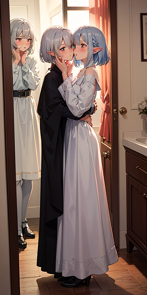((Putting both hands on their face)), ((Surprised)), (Looking at the front)), (blush), 1girl, Elf, Silver hair, Red eyes, Braided hair, Bob cut, Fantasy style costume, Wizard, Ruffles, Robe, Long skirt, Tights, Black cloak, Sink, Bathroom, Mirror, Concept art, Beautiful anime scene, Beautiful anime scenery, Best quality, ((Masterpiece))